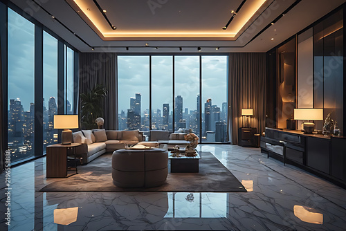 Luxury Modern Living Room Interior with Fireplace Wooden Coffee Table Elegant Furniture and Panoramic Window View in Contemporary Apartment Design