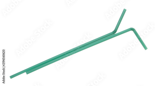 Fotografie Two green flexible plastic drinking straws isolated on white background