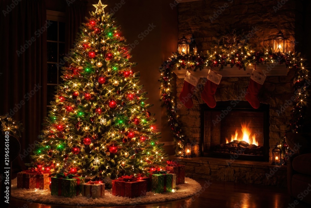 Fototapeta premium Cozy festive Christmas fireplace scene.