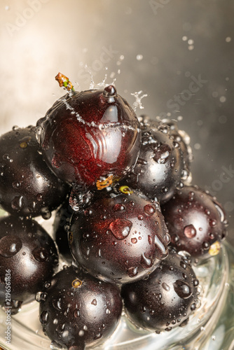 Water droplets on jabuticaba fruit; water droplets falling onto some jabuticabas and creating beautiful shapes; selective focus.