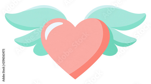 Isolated stylized pink heart with elegant teal wings, representing love, romance, and freedom