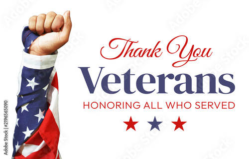 Raised fist wrapped in American flag next to veterans day typography on the side in red and blue design