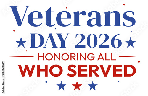 Veterans day 2026 text design with red blue stars stripes isolated on transparent png backdrop