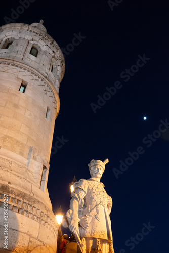 Obraz na plátne Hussar statue and tower under crescent moon at Fisherman's Bastion