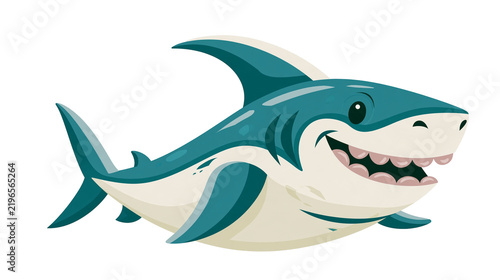 Isolated smiling cartoon shark character, happy and friendly marine animal illustration, cute fish