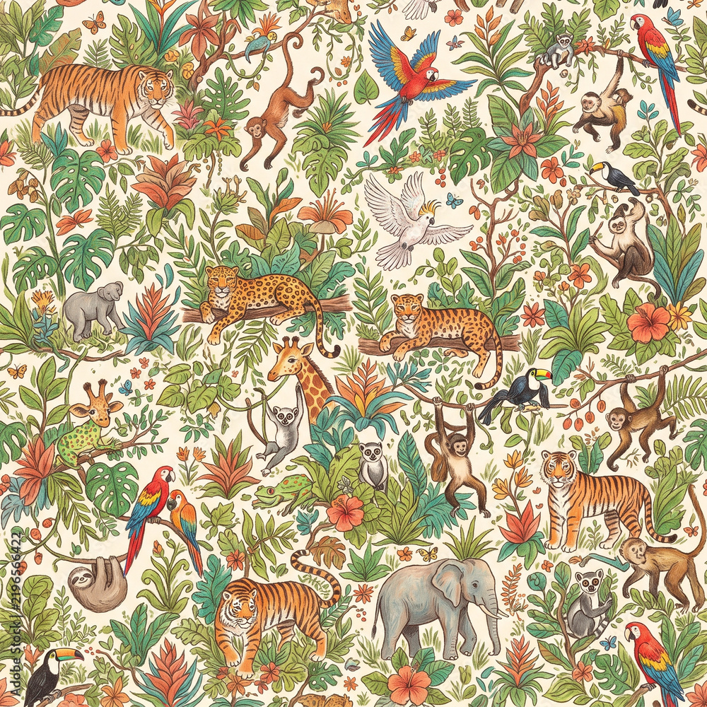Obraz premium seamless pattern with elephants, animal and flowers
