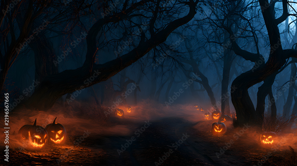 Obraz premium A spine-chilling Halloween tableau reveals itself as night falls, with flickering jack-o'-lanterns casting eerie light along a twisty trail through a dense, foggy woods.