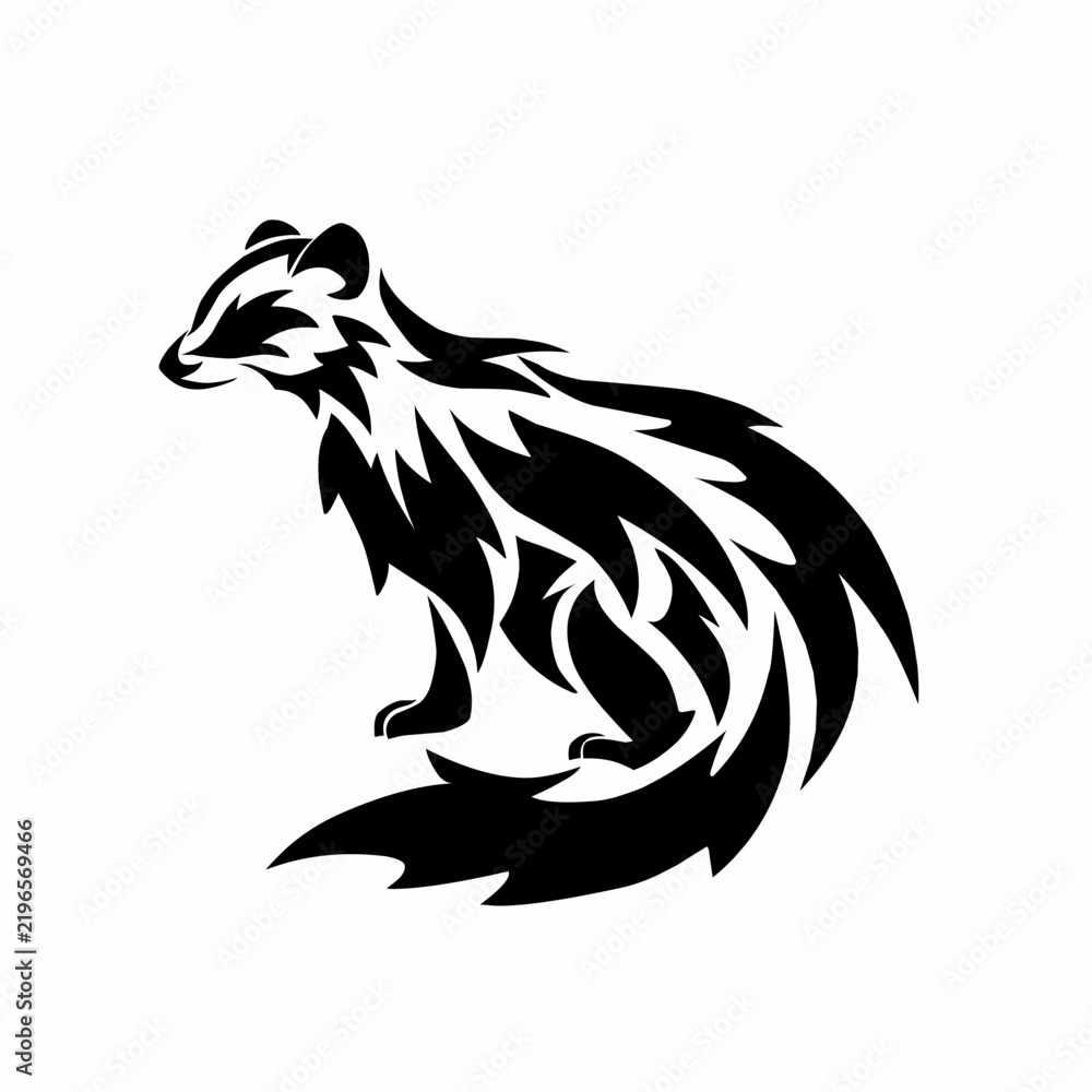 Fototapeta premium Black and white stylized tribal ferret tattoo illustration in silhouette style