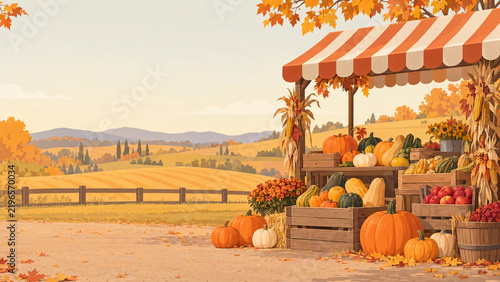 Flat illustration of an autumn market stall with pumpkins under a striped awning