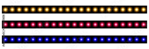 Three horizontal rows of glowing LED light strips in yellow red and blue against a black background