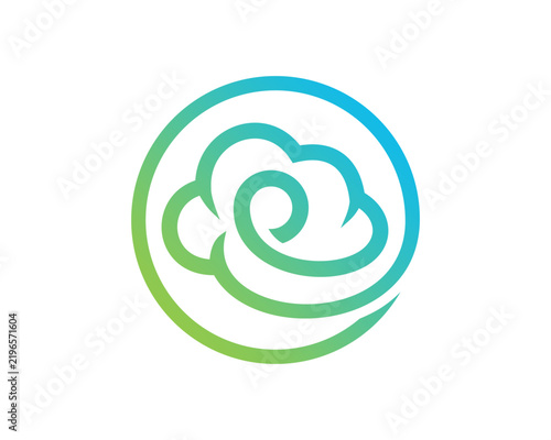A stylized cloud and wind icon within a circular frame, featuring a blue to green gradient, representing weather, air, or digital cloud services.