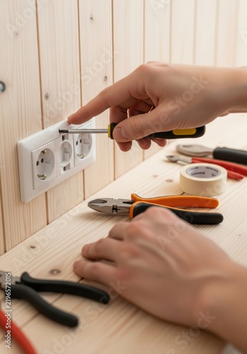Person installing double electric socket on wood wall paneling