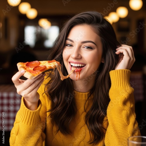 Young woman eating slice of delicious pizza at restaurant