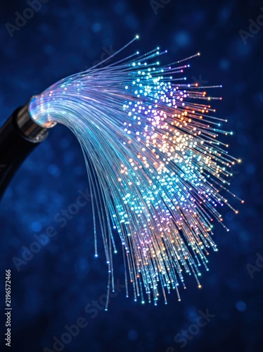 Glowing bundle of optical fiber ends on blue background