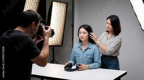 Photographer directs shoot with assistant adjusting model headphones in studio. Team works on product photo with lighting gear on grey backdrop. Model prepares for commercial image.