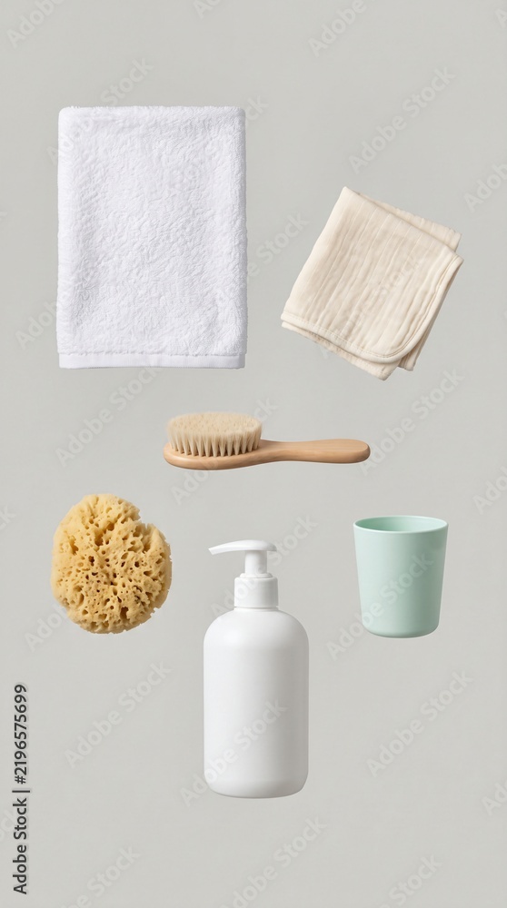 Obraz premium Floating spa and bath accessories with pump bottle and body brush