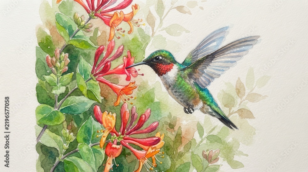 Obraz premium Watercolor painting of a hummingbird feeding on red honeysuckle flowers