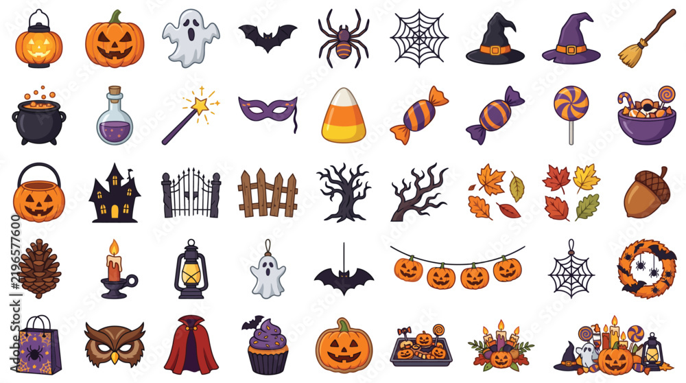 Fototapeta premium Vibrant halloween icon set featuring colorful pumpkins ghosts bats candies and spooky seasonal holiday festive decorations