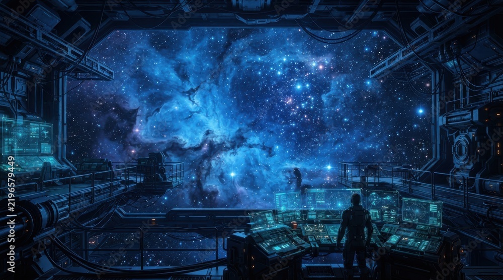 Fototapeta premium Astronaut looking out a large spaceship window at a blue nebula in outer space