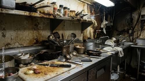 Messy and dirty commercial restaurant kitchen with dirty dishes and food waste