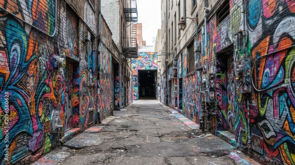Fototapeta premium Narrow urban alleyway covered in colorful graffiti art