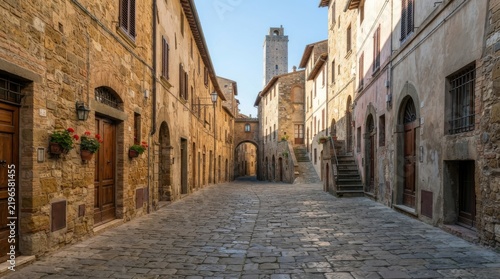 Narrow cobblestone street in a historic medieval town with stone buildings