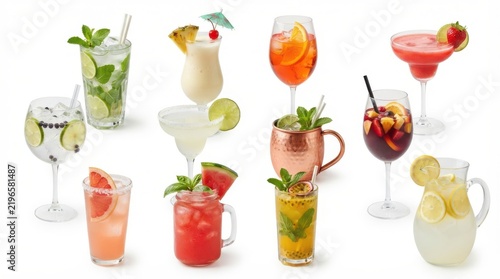 Collection of various refreshing cocktails and summer drinks