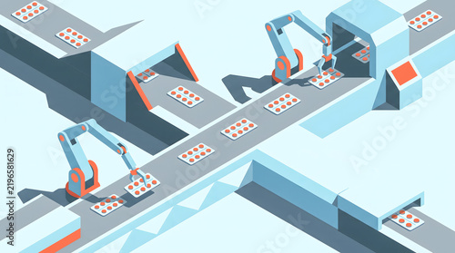 Robotic arms assembling pharmaceutical products on conveyor belt in modern manufacturing facility