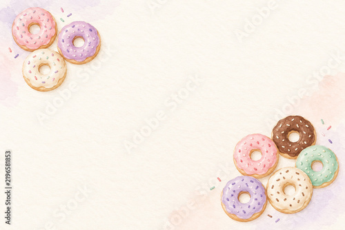Watercolor colorful glazed donuts in opposite corners on cream paper with large copy space