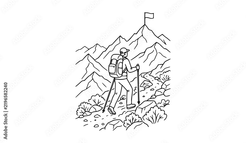 Obraz premium Mountain Traveler Hiking Toward Summit Black and White Line Art Vector