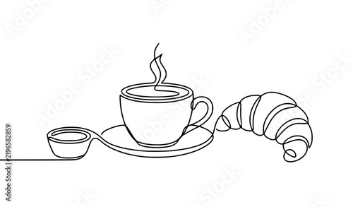 Croissant and Coffee One Line Art Breakfast Illustration for Cafe Branding