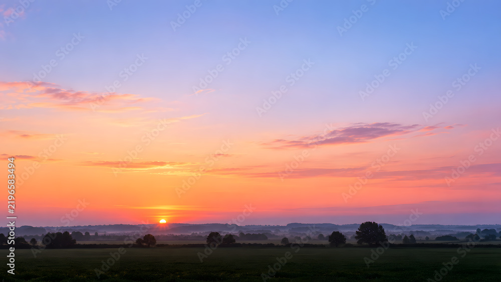 Obraz premium Wide panoramic sunrise over flat green fields with pink and purple sky