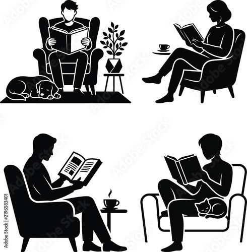 Reading people silhouettes with furniture and pets on white background readers silhouette person man woman