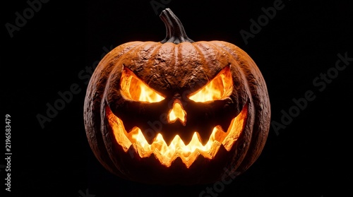 Фотография A carved orange pumpkin with a scary face glowing brightly from within against b