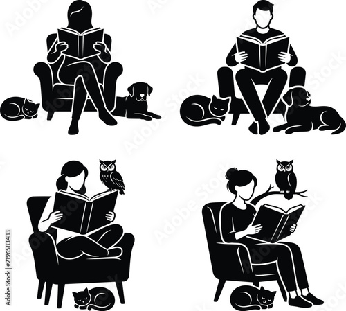 Readers with pets a set of black silhouettes on a white background reading reader literature