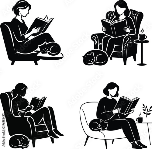 Silhouette illustration of women reading with cats and domestic scenes woman female literature book chair