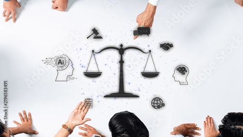 Картината върху платно An artistic representation of justice and technology intertwined, showcasing scales, icons, and people engaging in meaningful discussion about innovation and ethics