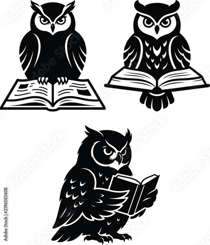 Three owl silhouettes reading books on a white background owls bird avian feathered literature study