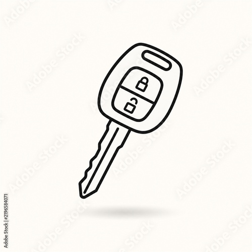 Minimal black line art car key floating above a soft shadow on an off white background