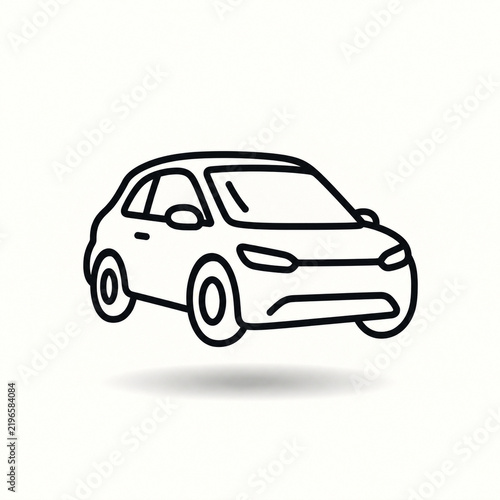 Minimal black line art car floating above a soft shadow on an off white background
