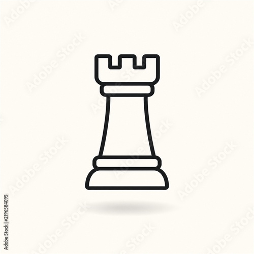 Minimal black line art chess rook floating above a soft shadow on an off white background