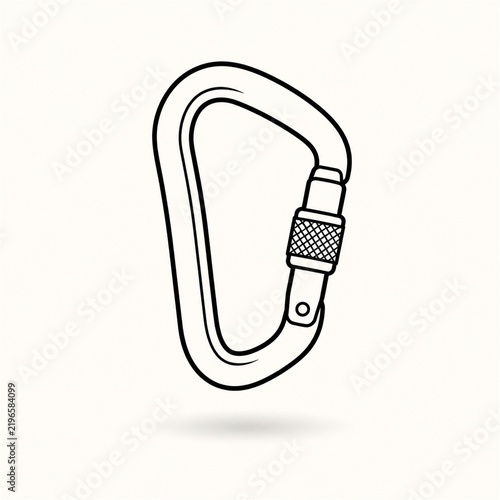 Minimal black line art climbing carabiner floating above a soft shadow on an off white background