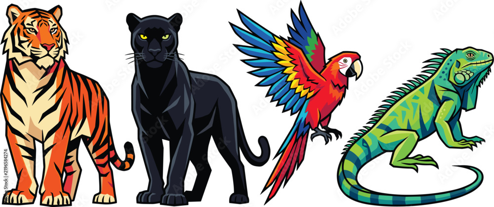 Obraz premium Tropical jungle animal vector element collection featuring a standing tiger black panther flying macaw parrot and iguana