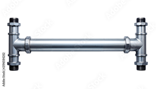Industrial steel pipe fitting connector with metallic texture and threaded joints isolated for plumbing construction projects on transparent background