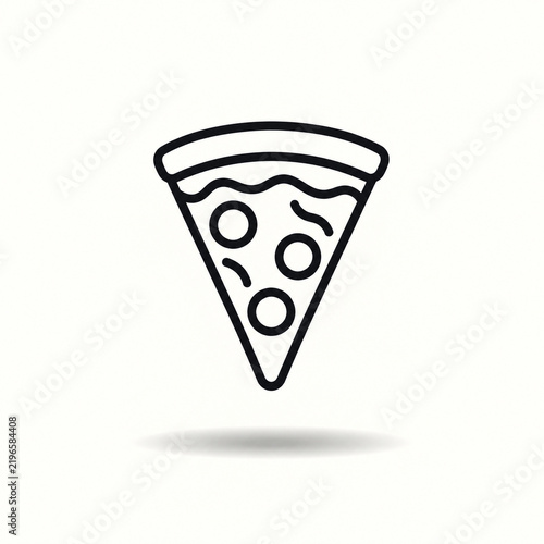 Minimal black line art pizza slice floating above a soft shadow on an off white background