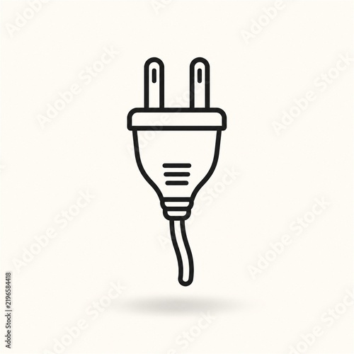 Minimal black line art electrical plug floating above a soft shadow on an off white background