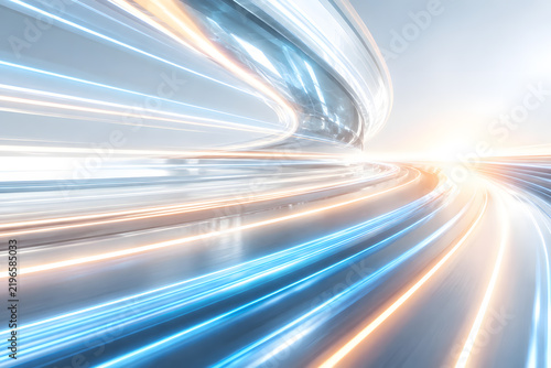 Soft blue and white light trails curving on a bright clean background
