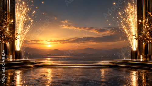 Golden fireworks and empty round stage at sunset over mountains