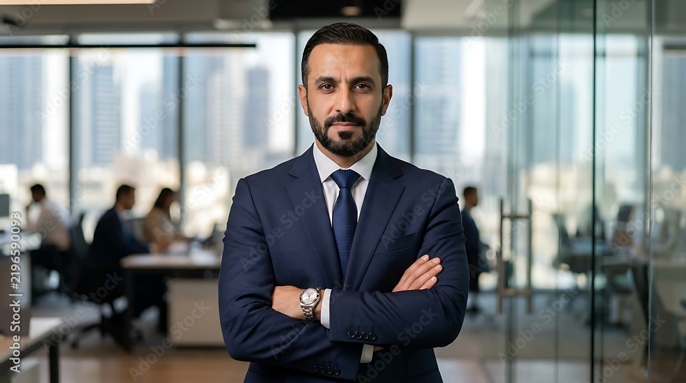 Fototapeta premium Arab Executive Man Western Suit Arms Crossed Leadership Portrait Global