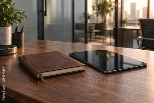 Closed leather notebook beside tablet on wood desk with warm evening light